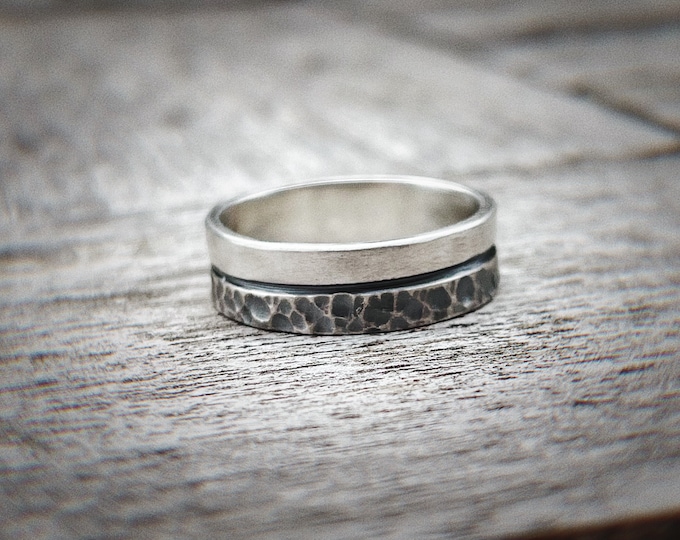 Contrarium Ring, Sterling Silver, 6mm Wide, Handmade Sterling Silver Rustic Textured Ring, Handforged, Unisex, Gift for Him, Gift for Her