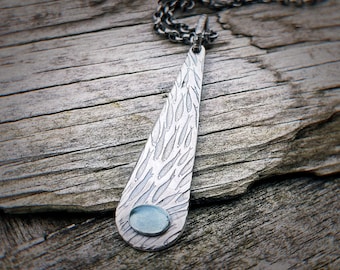 Sequor Necklace, Sterling Silver Long Drop Pendant Necklace with Aquamarine, Schools of Fish Patterned, OOAK, March Birthday Gift