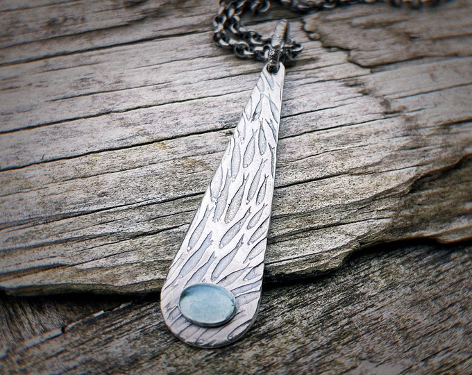 Sequor Necklace, Sterling Silver Long Drop Pendant Necklace with Aquamarine, Schools of Fish Patterned, OOAK, March Birthday Gift