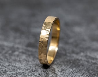 4mm Wide Solid 9ct Yellow Gold Rustic Ring, 9ct Gold Hammered Ring, Handmade Yellow Gold Ring, Unisex Gold Ring, Mens Gold Ring