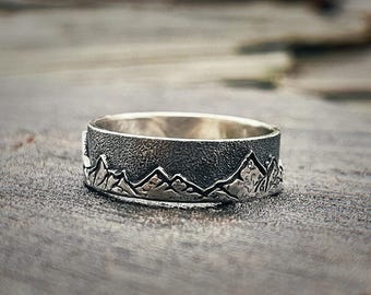 Skycrest Band • Mountain Range Ring • Sterling Silver Textured Landscape Band • 7.5mm Wide Ring • Nature Inspired Jewellery • Handmade
