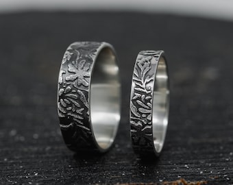 Sterling Silver Rustic Floral Ring Set, Floral Pattern Ring Set, Uncentional Wedding Ring Set, Silver Wedding Bands, Couples Rings