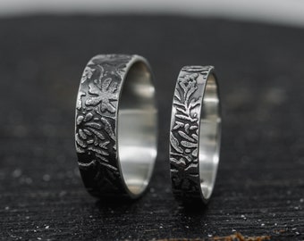 Vinea Ring Set, in Sterling Silver, 4mm+6mm Wide, Vine Ring Set, Nature Inspired Wedding Rings, Promise Rings, Botanical, Made to Order