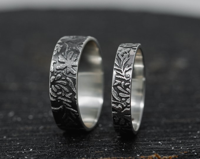Vinea Ring Set, in Sterling Silver, 4mm+6mm Wide, Vine Ring Set, Nature Inspired Wedding Rings, Promise Rings, Botanical, Made to Order
