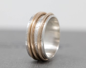 Sterling Silver Spinner Ring w 3 Solid 9ct Gold Fidgets|Gold Fidget Ring|Leaf Skeleton Patterned Spinner Ring|Worry Ring|Meditation Ring
