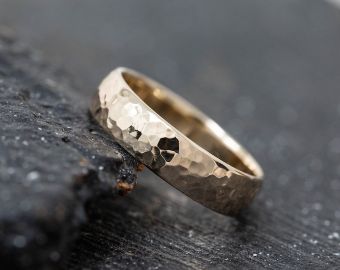 5mm Wide Solid 9ct Yellow Gold Wedding Ring, D Shaped Profile, Hand Hammered, Hammer Embossed Gold Ring, Unisex Wedding Ring