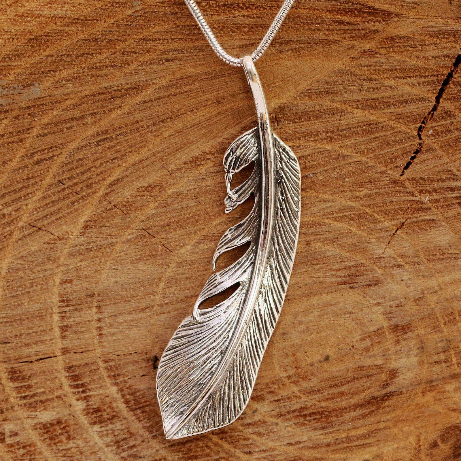 Large Sterling Silver Angel Feather Pendant Necklace, 3D, Large Silver ...