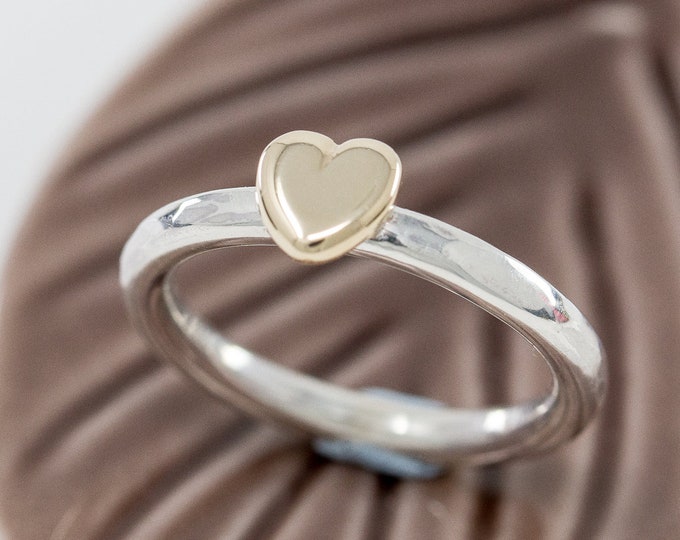 Devota Ring, Sterling Silver and 9ct Yellow Gold Heart Signet Ring, Promise Ring, Engagement Ring, Minimalistic, Romantic, Handcrafted