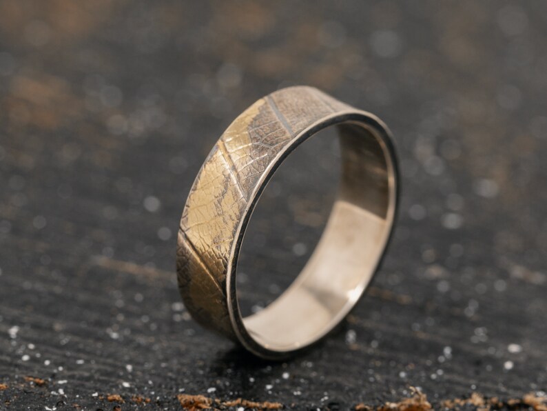 24K Keum Boo Leaf Patterned Wedding Ring Set|Leaf Rings Wedding Rings|His and Her Ring Set|Sterling Silver and Gold Leaf Rings|Leaf Rings