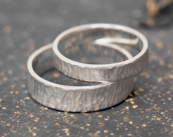 Al Rihla Ring Set, in 9ct White Gold, 4mm and 6mm, Handmade Gold Wedding Rings, Hand Textured, Minimalistic, Sand Dune Landscape Inspired