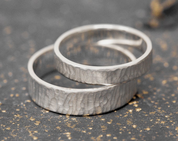 6mm+4mm Wide 9ct White Gold Wedding Ring Set with Rustic Sand Dune Texture, Handmade Wedding Rings, Hand Forged Wedding Rings, Wedding Bands