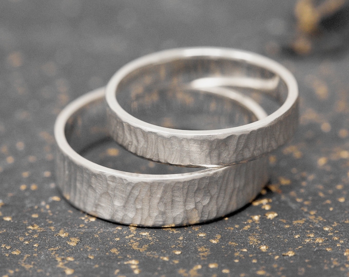 Al Rihla Ring Set, in 9ct White Gold, 4mm and 6mm, Handmade Gold Wedding Rings, Hand Textured, Minimalistic, Sand Dune Landscape Inspired