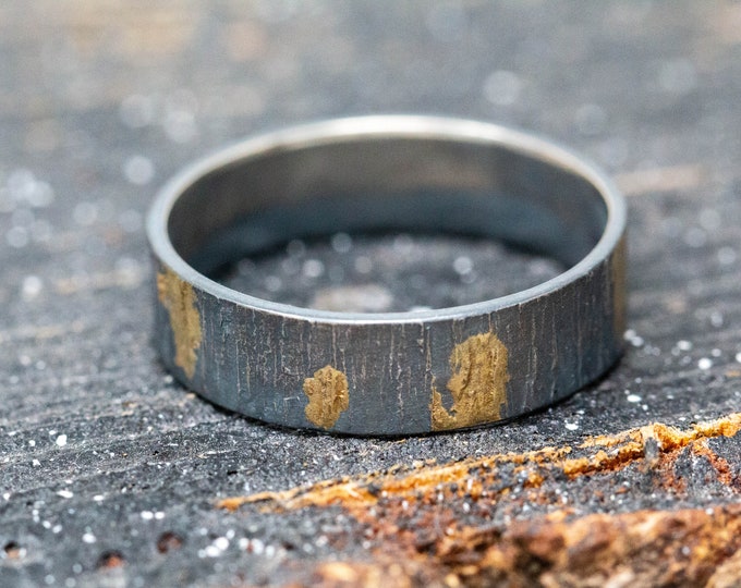 6mm 24K Gold Keum Boo Rustic Ring, Tree Bark Textured, Unisex Silver Ring, Rustic Stripped Patterned, Mens Ring, Wedding Band, Gift for Him