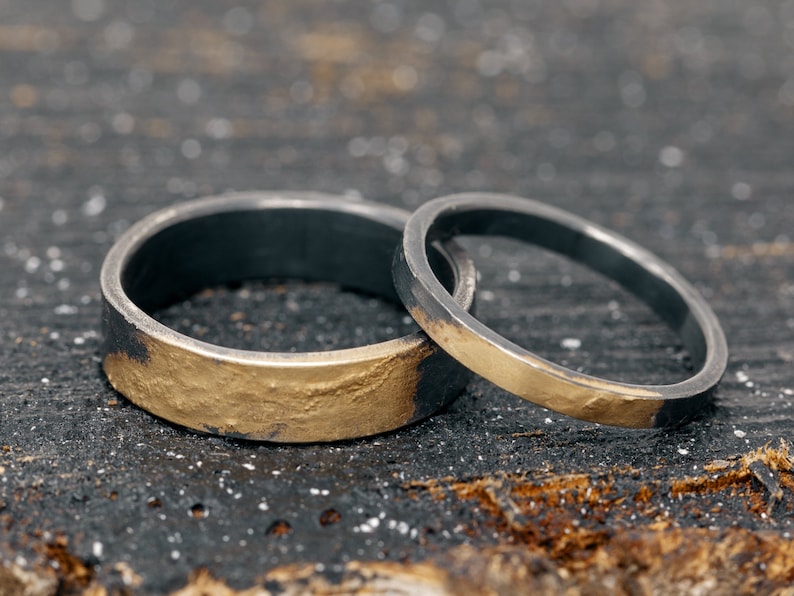 Sterling Silver & 24K gold Keum Boo Ring Set, Matching Rings, Unique Wedding Ring Set, Handmade Wedding Bands, Promise Ring Set image 4