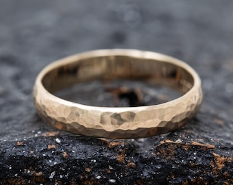 Aspectus Vitae Ring, 4mm Wide, 9ct Yellow Gold, D Shaped, Handcrafted Wedding Ring, Chunky, Hammered, Embossed, Unisex Wedding Ring