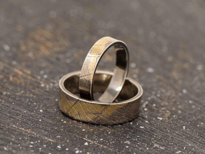 24K Keum Boo Leaf Patterned Wedding Ring Set|Leaf Rings Wedding Rings|His and Her Ring Set|Sterling Silver and Gold Leaf Rings|Leaf Rings
