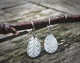 Sterling Silver Willow Patterned Drop Earrings, Teardrop Dangly Earrings, Botanical Patterned Earrings, Gift for Her, Gift for Mum