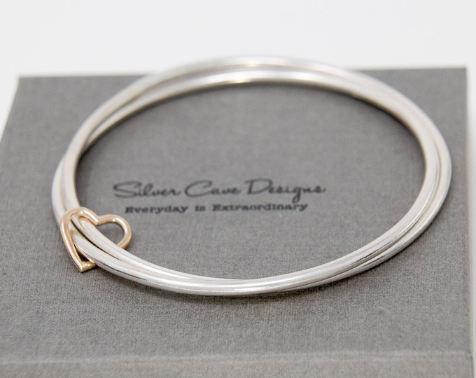 Double Sterling Silver Bangles with 9ct Gold Heart Charm|Duo Sterling Silver Bangles with Gold Heart Charm|Heart Bangle|Valentine's Day Gift