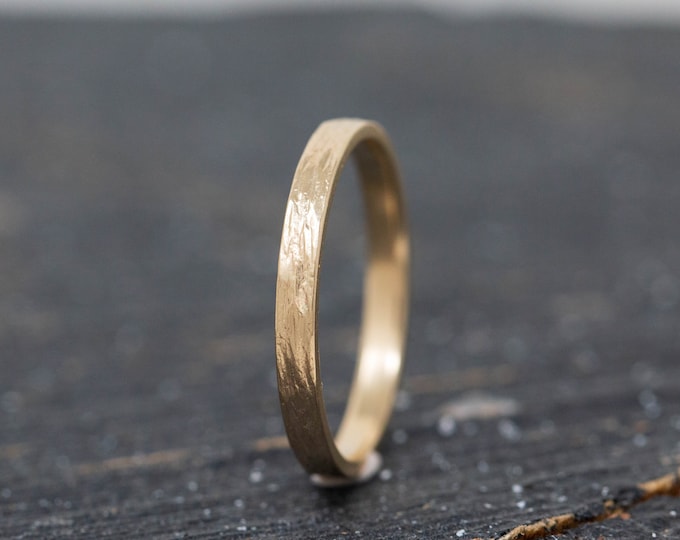 Vetustas Ring, 2mm Wide, Slim, Solid 9ct Yellow Gold Minimalist Ring, Gold Tree Bark Ring, Hand Textured Gold Ring, Women's Wedding Ring