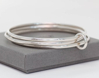 Unio Trina Bangle Set, in Solid Sterling Silver, Minimalist English Handmade Trio Bangle Set, Elegant, Simple, Timeless Gift
