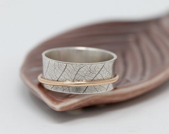 Sterling Silver Leaf Spinner Ring w SOLID 9ct Gold Fidget|Leaf Spinner Ring|Mixed Metal Ring|Worry Ring|Meditation Ring|Gift for Her