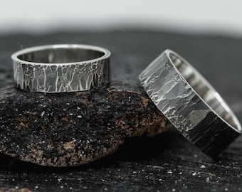 Iter Ring Set Duluxe Version, in Sterling Silver, 6mm and 8mm Wide, Handcrafted Oxidised Texture RIng Set, Journey of Life Rings