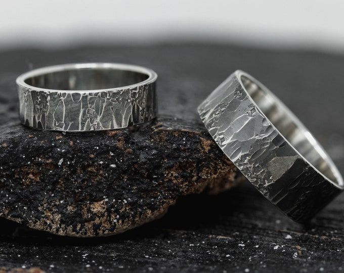 Iter Ring Set Duluxe Version, in Sterling Silver, 6mm and 8mm Wide, Handcrafted Oxidised Texture RIng Set, Journey of Life Rings