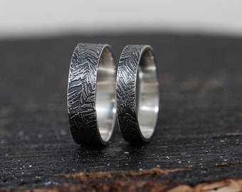Verdant Ring Set, Sterling Silver, 4mm+6mm Wide, Pine Needle Pattern Ring Set, Nature Inspired, Handmade Evergreen Forest Rings, Custom