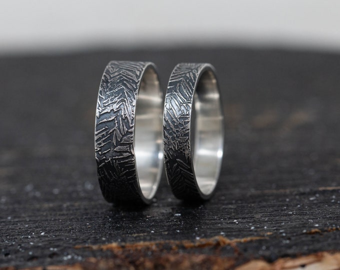 Handmade Sterling Silver Pine Needle Patterned Ring Set, 4mm+6mm, Wedding Rings, Commitment Rings, Couples Rings, Gift for Couples