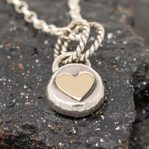 Devota Pendant Necklace, Sterling Silver Pebble with 9ct Yellow Gold Heart, Organic Rustic Necklace, Dainty Handmade Jewellery