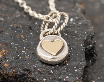Devota Pendant Necklace, Sterling Silver Pebble with 9ct Yellow Gold Heart, Organic Rustic Necklace, Dainty Handmade Jewellery