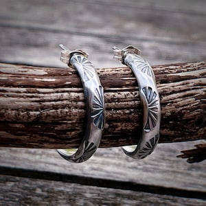 Sterling Silver Half Loop Earrings, Hand Stamped, Navajo, Shell Motif, Southwesten, 4mm Thick, Heavyweight, Gift for Her
