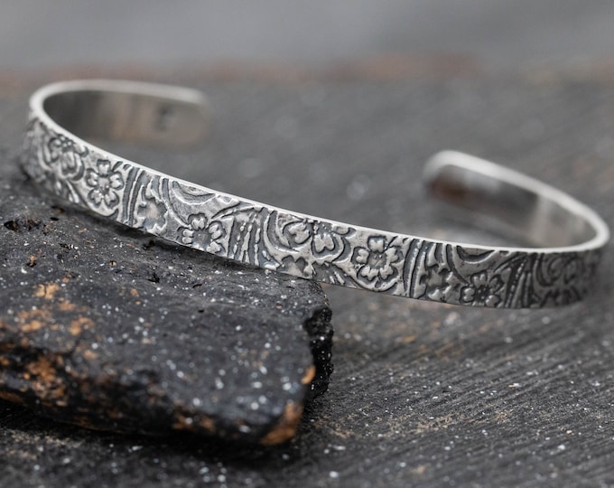 Handmade Sterling Silver Floral Patterned Cuff Bangle, Oval Shaped, With Open Ends, Adjustable, Floral Cuff Bracelet, Gift for Her