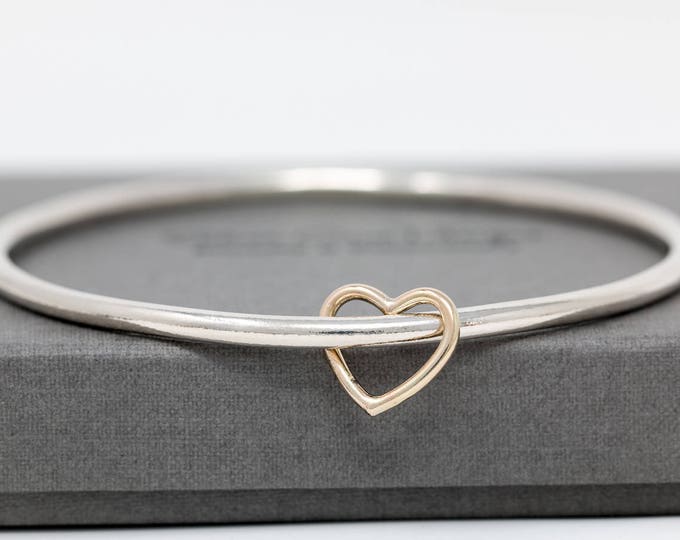 Sterling Silver Bangle with 9ct Gold Heart Charm|Sterling Silver Bangle with Heart Charm|Heart Bangle|Gold Heart Bangle|Valentine's Day Gift