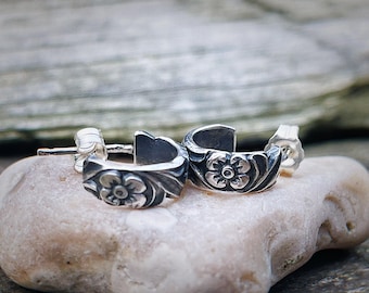 Violet Hoops, Sterling Silver Floral Half Hoops, 11mm, Handforged Small Hoop Earrings, Victorian-Inspired Jewelry, Everyday Elegant Earrings