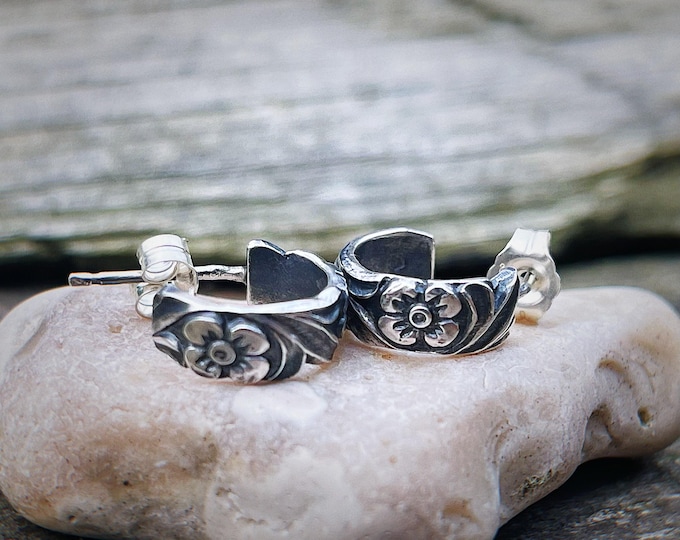 Violet Hoops, Sterling Silver Floral Half Hoops, 11mm, Handforged Small Hoop Earrings, Victorian-Inspired Jewelry, Everyday Elegant Earrings