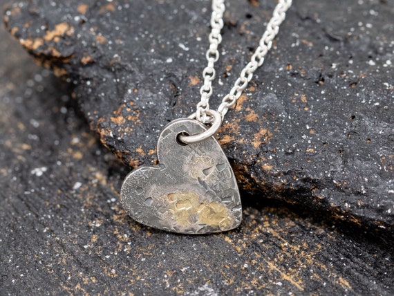 Sterling Silver Gold Dust Heart of Gold Necklace, Handmade Heart