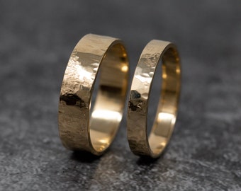Iter Ring Set, 9ct Yellow Gold, 4mm and 6mm Wide, Hand Embossed Rustic Gold Wedding Ring Set, Gold Wedding Bands, Symbolic, Unconventional