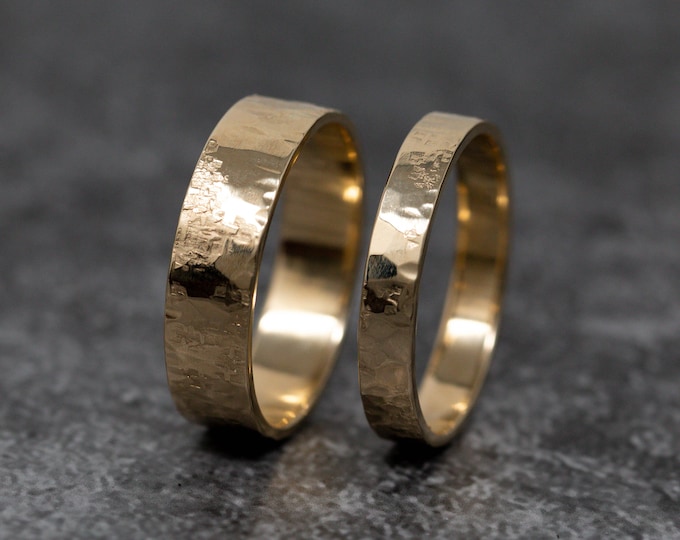 Iter Ring Set, 9ct Yellow Gold, 4mm and 6mm Wide, Hand Embossed Rustic Gold Wedding Ring Set, Gold Wedding Bands, Symbolic, Unconventional