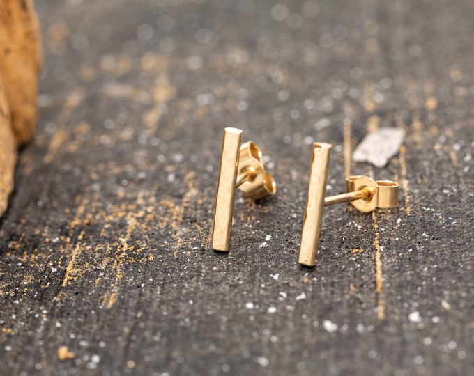 Spectrum Vitae Bar Stud Earrings, 9ct Yellow Gold, Hand Embossed Minimalist Bar Earrings, 10mm Long, Dainty Gold Studs, Everyday Luxury