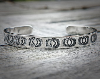 8mm Chunky Sterling Silver Hand Stamped Cuff, Navajo Style Cuff, Sun Ray Pattern, Handmade Cuff, Heavyweight Cuff, Men’s Cuff, Unisex Cuff