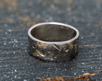 8MM 24K Gold Keum Boo Celestial Ring, Silver&Gold Rustic Ring, Unisex Silver Ring, Textured Ring, Mens Ring, Wedding Band, Gift for Him