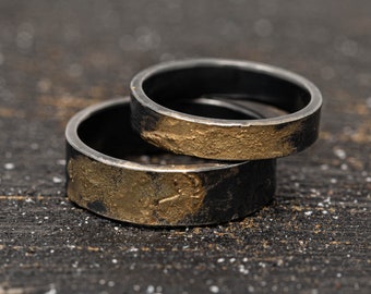 4mm+6mm Sterling Silver & 24K gold Keum Boo Ring Set, OOAK Wedding Ring Set, Unique Wedding Rings, Matching Couple Rings
