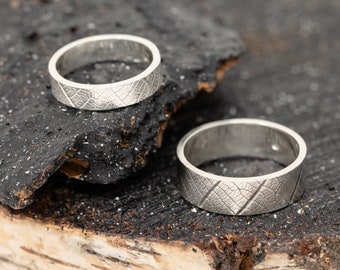 Subtextus Ring Set the Contrast Version, Leaf Skeleton Pattern Ring Set, Botanical Inspired, Promise Ring, Couples Ring, Handmade