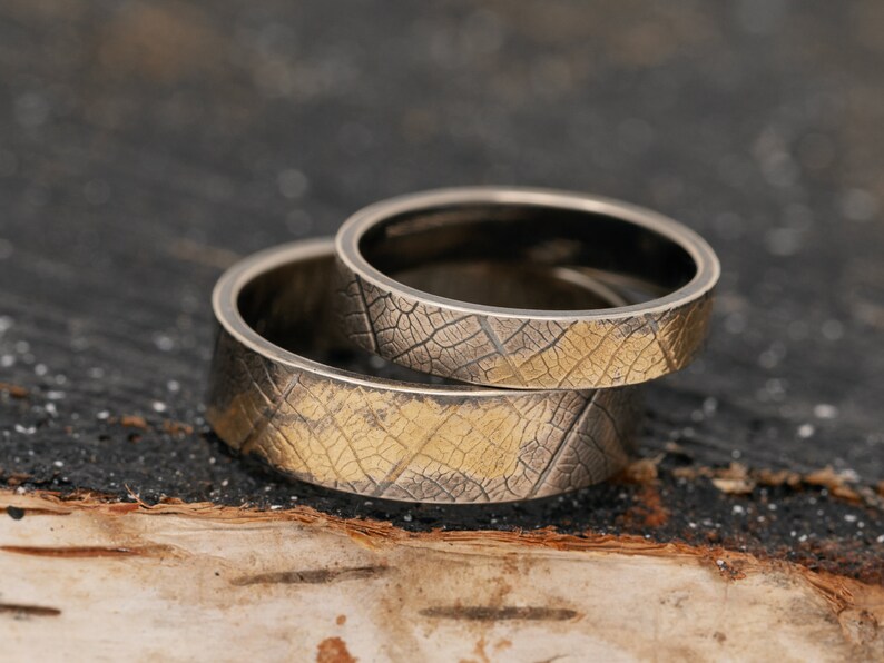 24K Keum Boo Leaf Patterned Wedding Ring Set|Leaf Rings Wedding Rings|His and Her Ring Set|Sterling Silver and Gold Leaf Rings|Leaf Rings