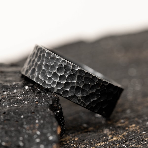 Solid Sterling Silver Mens Ring, Handmade Riveted Ring, Hammered Textured Ring, Gift for Him, Black Ring Band