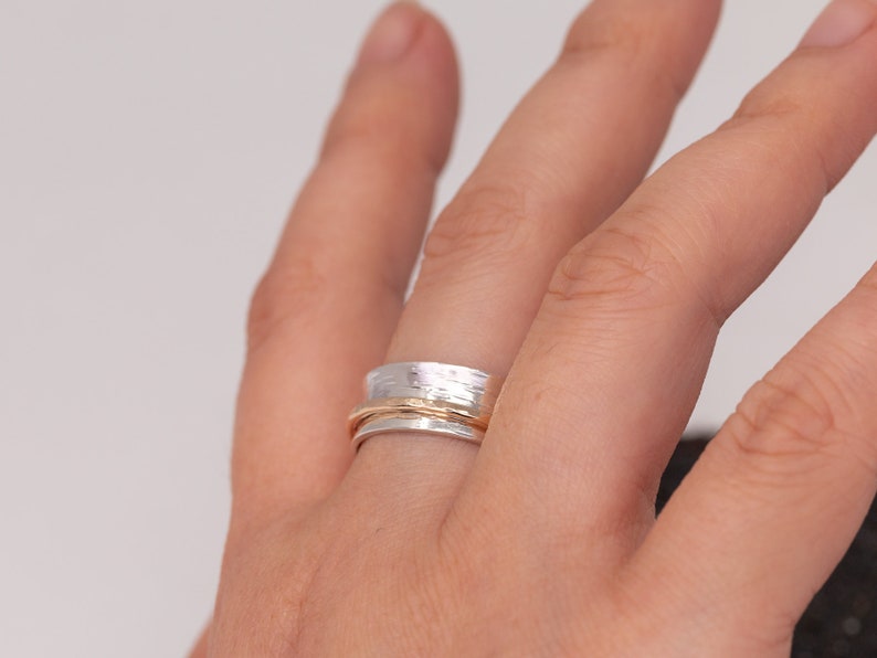 9ct Yellow Gold Sterling Silver Spinner Ring, Silver Gold Spinner Ring, Fidget Ring, Worry Ring, Anxiety Ring, Meditation Ring, Gift for Her image 3