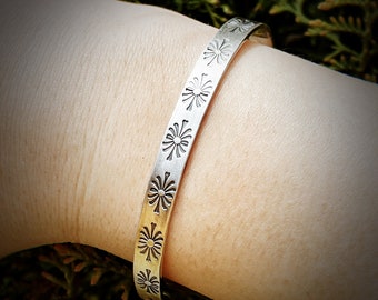 Hand Stamped Sterling Silver Flower Patterned Cuff Bangle, Navajo Patterned Bangle, Oval Shaped, With Open Ends, Adjustable, Gift for Her