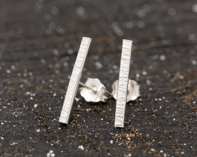 Sterling Silver Bar Stud Earrings|Silver Bar Earrings|Unisex Earrings|Sterling Silver Stick Studs|Minimalist Earrings|Textured Bar