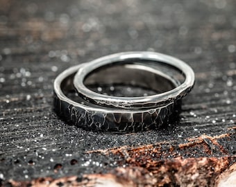 Sterling Silver Iter Ring Set, 2mm and 4mm Wide, Hammered Rustic Wedding Ring Set, Oxidised Effected, The Journey of Life Symbolic
